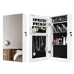 YITAHOME Jewelry Cabinet Armoire Wall Mounted Lockable with Mirror Space Saving Jewelry Storage Organizer Attached Lipstick Brush Compartments, White