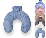 Luxury Hot Water Bottle with Faux Fur Cover, Soft Fluffy Neck U Shape Cosy Fleece, 1.8L capacity (Sapphire Blue)