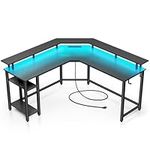 Rolanstar Computer Desk 56" with Power Outlets USB Ports & LED Strip, Reversible L Shaped Desk with Monitor Stand & Storage Shelf, Carbon Fiber Surface, L Shaped Gaming Computer Desk with Hooks