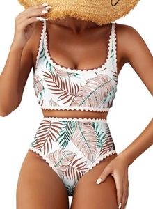 Herseas Women's Bikini Sets Contrast Binding Cute All Over Leaf Print Swimsuits Tummy Control Scoop Modest Bathing Suits X-Small