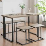 TANGZON Dining Table and Stools Set with Bench, 4 Pieces Steel Frame Kitchen Table Set with Adjustable Foot Pads, Space-Saving Wooden Dining Room Furniture Sets (Oak, with Reinforced Bar)