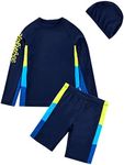 Boys Swimsuits Short Sleeve UPF 50+ Sun Protection Rash Guard with Hat 2 Piece Kids Bathing Suit 4-14 Years, Dark Blue, 7-8 Years