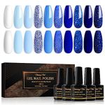 Shining She Gel Nail Polish Blue, 10 Colors white Baby Blue Navy Blue Glitter Gel Polish Kit Soak-Off UV/LED Blue Series Nail Polish Gel for Nail Art Salon DIY Home, 8ML