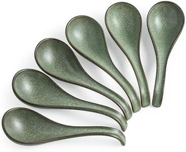 Asian Soup Spoon, Chinese Soup Spoons, Ramen Spoons, Japanese Ceramic Soup Spoon Set of 6,Thanksgiving Christmas Kitchen With Long Handle for Serving, Ramen, Pho, Noodles, Green
