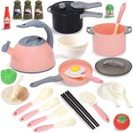 Fohouse 32Pcs Kitchen Playset Kids Toys, Cooking Kitchen Accessories and Cutting Food Toys Set, Play Kitchen Toy with Utensils Cookware, Foods, Veges, Play Food Sets Toys for Kids Girls Boys (Pink)