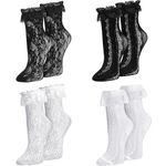 4 Pairs Womens Ruffle Socks,Black & White Lace Socks,Sexy Frilly Socks for Women,Cute Lace Trim Socks Lolita Socks,Ankle Socks with Ruffles for Girls Ladies Princess Wedding