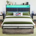 Amerlife LED Bed Frame with Drawers, Full Platform Bed Frame with 2-Tier Storage & Leather Upholstered & Charging Station Headboard, No Box Spring Needed, Easy Assembly, Noise Free, Rustic Grey