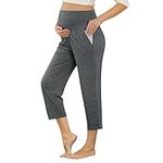 Women Maternity Capris High Waisted Workout Active Athletic Jogging Yoga Trousers Pregnancy Plus Size Leggings with Pockets, Dark Gray, Large