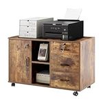 Mobile File Cabinet with 3 Lockable Drawers Lateral Stationery Storage Cabinet for Home & Office, Letter Size A4 File Organization Unit, Printer Stand with 5 Wheels, Open Shelf and Cupboard Brown