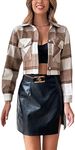 Yeokou Women's Fashion Cropped Flannel Wool Blend Plaid Shacket Long Sleeve Button Down Jackets Coat(#3Coffee-L)