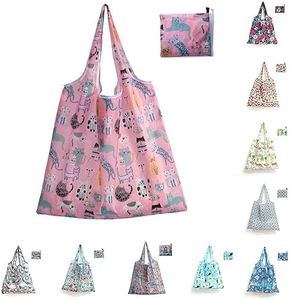 10 Pack Large Cute Animal Pattern Reusable Grocery Shopping Bags Foldable Shopping Bags Grocery Tote with Attached Pouch,Machine Washable Eco-Friendly 46 (width) *40+26cm (Group 1)