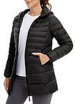 BALEAF Women's Ultralight Down Jacket Long Packable Hooded Puffer Coat Warm for Winter Black Size L