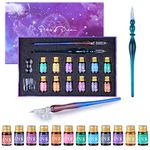 FURNIZONE Dip Pen Ink Gift Set 16 Pack, 2 Calligraphy Crystal Dip Pen with 12 Color Drawing Ink for Art/Painting/Writing, Glass Dip Pen ink Set with Holder and Clean Cup for Drawing Beginners Gift