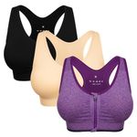 Women's Zip Front Sports Bra Wireless Post-Surgery Bra Active Yoga Sports Bras, 3 Pack(black+flesh+purple), Large