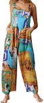 Himosyber Women's Patchwork Dual Pocket Jumpsuit Loose Floral Print Bohemian Wide Leg Bib Overall (Tan-S)