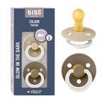 BIBS Colour Glow In The Dark Baby Pacifier - Natural Rubber, Round & Soft Nipple, Gentle Shield Prevents Skin Irritation & Moisture Buildup, 100% Food Grade, 6-18 Months, Pack of 2, Vanilla & Dark Oak