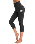 OUGES Womens High Waist Yoga Pants with Pockets Capri Workout Running Cropped Leggings(Black,M)