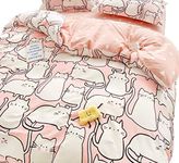 MEJU Cute Kitty Cats Pink Cartoon Duvet Cover Set 100% Cotton Bedding Set with Zipper Closure Reversible 3pcs Comforter Cover Set for Kids Boys Girls Teens Bed Decoration Gift Full Queen 90" X 90"