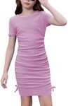 OYOANGLE Girl's Textured Drawstring Side Ruched Short Sleeve Bodycon Pencil Short Dress Purple 11-12Y