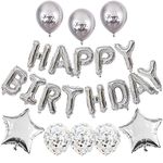 Happy Birthday Balloons Banner Silver, 16 Inch Mylar Foil Letters Balloons, Happy Birthday Foil Balloons Set with Silver Confetti Latex Balloons Star Foil Balloons for Birthday Party Decorations