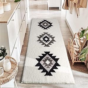 DEXDE Boho Bathroom Rug Runner 24x60 Long Bath Mat for Bathroom Bedroom Hallway Kitchen Luxury Soft Absorbent Large Bohemian Carpet Runner Moroccan Geometric Farmhouse Decor, Black White