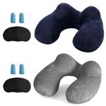 LUZWAY Inflatable Travel Pillow Neck Pillow Kits Ergonomic Soft Velvet Washable Pillowcase with Ear Plug and Eye Mask, Lightweight Sleeping Rest Cushion for Airplane, Car, and Train（2 pack）