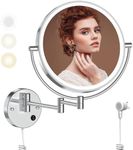 Rocollos 9" Plug-in Wall Mounted Lighted Makeup Mirror 1X/10X Magnification, Super Large Double Sided LED Vanity Mirror for Bathroom, 3 Color Dimmable 360°Swivel Extendable Shaving Cosmetic Mirror