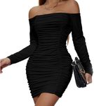 Belriviere Womens Sexy Mini Dress Bodycon Ruched Off The Shoulder Long Sleeve Short Dresses for Party Night Out Clubwear XS Black