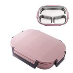 Elinala Bento Lunch Box, Lunch Box with Compartment, 3 Compartments Stainless Steel Heat Preservation and Sealing Children and Adults Lunch Boxes for School and Work (Pink)