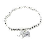 Personalised Women's Girls Heart And Letter Charm Silver Bead Stretch Bracelet