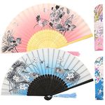 Leehome Folding Hand Fans for Women -Chinese Japanese 2pcs Vintage Bamboo Silk Fans - for Dance, Music Festival, Wedding, Party, Decorations,Gift. (Blue Lotus & Pink Peony)