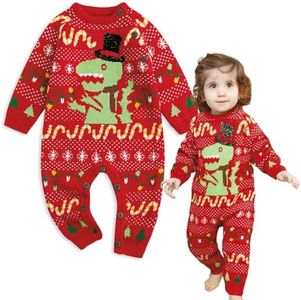 Simplee kids Ugly Christmas Sweater Family Matching Outfits for Holiday Party Knitted Pullover, J-red Dinosaur Jumpsuit, 18 Months