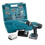 Makita HP488DAEX1 18V G-Series Combi Drill Complete with 2 x 2.0 Ah Batteries, Charger and 74 Piece Bit Set Supplied in a Carry Case, White, Grey