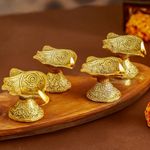 TIED RIBBONS Metal Diya | Set of 4, 1.5 inch | Golden Diya Oil Lamps for Home Decoration and Pooja | Puja Decorations and Traditional Indian Return Gifts | Diwali Decorations for Home | Shunk Shape