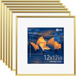 VCK 12x12 Picture Frames Gold Set of 6, Metal Square Photo Frame with Real Glass High Definition, with Mat for 8x8 Picture or 12x12 without Mat, Wall Gallery, Office Home Decoration