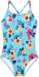 Girls One Piece Swimsuits with UPF 50+ Sun Protection Swimwear Bathing Suit, Blue Flower, 3-4 Years