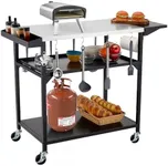 GarveeLife Outdoor Grill Table Cart with 4 Wheels, Stainless Steel Pizza Oven Tables for Outside, Movable Prep Table Cooking Station, Multifunctional Cart Metal Work Table (Side Table+ Storage Rack)