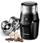 TWOMEOW Coffee & Spice Grinders Electric, Smart Display Adjustment Coffee Bean Grinder, 2 Removable Stainless Steel Cups for Wet and Dry Grinding,70g