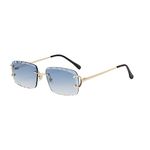 kachawoo Frameless Rectangle Sunglasses Rimless Sunglasses with Engraved Edges Brown Blue Grey Parasols Unisex, Gold With Blue, Medium