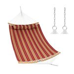 CASART Double Size Hammock, Quilted Hammock with Detachable Pillow, Curved Spreader Bar & Steel Chains, Camping Swing Hammock for Patio Garden Poolside (Bamboo Spread Bars, Red + Yellow)