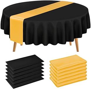LOKUME 6 Pack Round Plastic Tablecloth 84" Black Disposable Table Covers Waterproof Circle Party Table Cloths for Round Tables and 6 Pack 12"x108" Gold Satin Table Runners for Parties Birthday Picnic