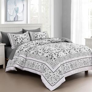 Dobuyly Floral Queen Comforter Set, 7 Piece Bed in a Bag Queen Size Grey Flowers on White Botanical Bedding Set, Soft Microfiber Bedding Comforter Sets with Sheets for All Season