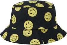 Unisex Bucket Hats Reversible Double-sided Fisherman Hat Solid Outdoor Beach Getaway Headwear Sunscreen women men Bucket Hat (Smily Black)