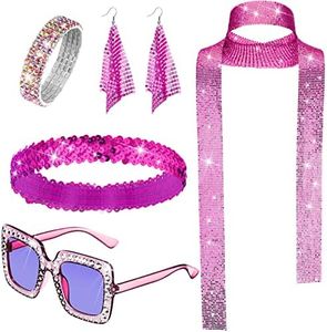 5 Pcs 70s Disco Accessories Women Costume Jewelry Disco Earrings Sequin Scarf Sunglasses Diamond Bracelet Headband, Rose Red, One size