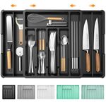 KreuRaxy Expandable Silverware Cutlery Utensil Organizer Tray for Kitchen Drawers, 13 to 22.8 Inch Adjustable Design with 2 Divider, Large Flatware Tableware Tray for Spoon Spatula Forks Knives, Black