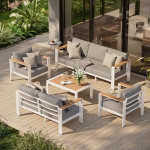 Oasbira Aluminum Outdoor Patio Furniture Set with Coffee Table, 5 Piece Patio Conversation Sets with Washable Thick Cushions, Patio Sectional Furniture Set for Porch, Balcony, Deck, White