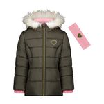 Jessica Simpson Girls' Expedition Parka Down Alternative Coat, Green and Heart Headband, 2 Years