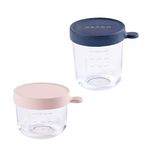 Beaba - Set of 2 Glass Conservation Jars - Airtight Baby Food Storage Container with Graduation Measuring Scale - Heat and Thermal Shock Resistant - 150 ml + 250 ml - Pink/Dark Blue