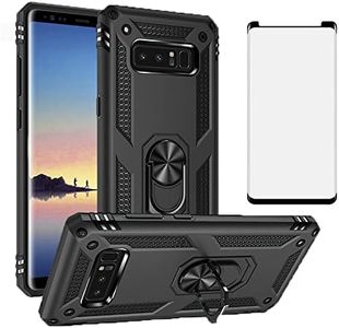 Phone Case for Samsung Galaxy Note 8 with Tempered Glass Screen Protector Cover Magnetic Stand Ring Holder Accessories Heavy Duty Rugged Protective Shockproof Glaxay Note8 Not Galaxies Gaxaly Black