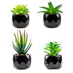 Artificial Plants Indoors In Pots, Fake Plants Outdoor, Mini black Ceramic Potted, Green Succulents Decor for Bedroom Aesthetic, Faux Desk Plant for Bathroom ,Living Room, Office Decoration (4)